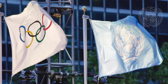 Flags of United Nations and Olympics are Raised at United Nations Headquarters at Special Ceremony