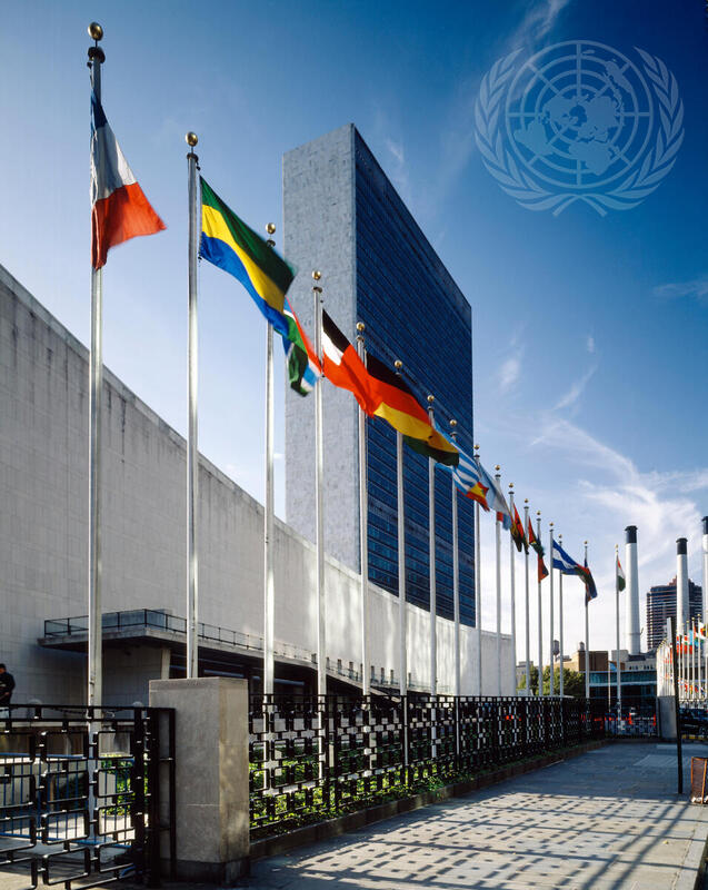 architectural photograph of United Nations headquarters with flags of member nations and international court of justice building