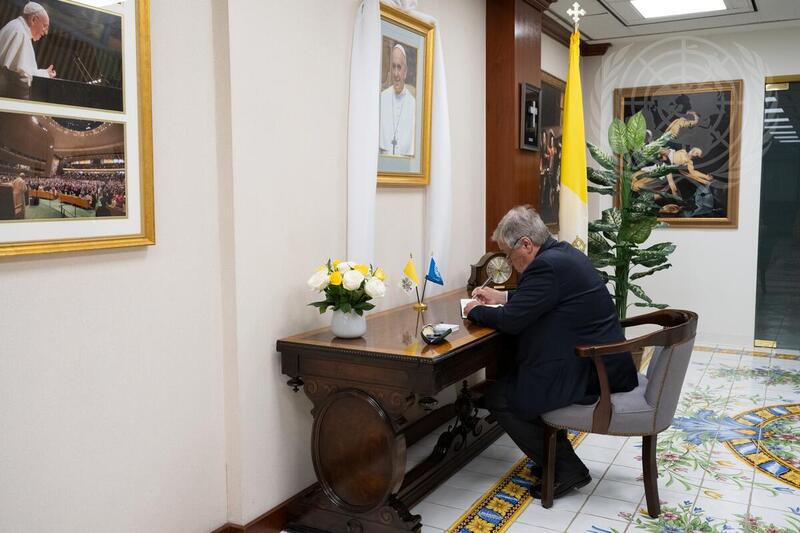 Secretary-General Signs Book of Condolences for Pope Francis