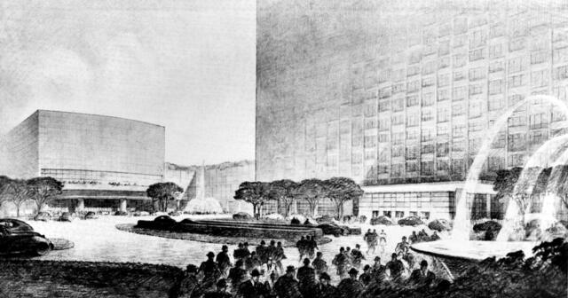 Artist&#039;s Concept of United Nations Permanent Headquarters on Manhattan East River Site