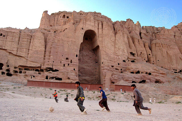 Afghan Boys Play Football at Site of Bamyan Buddha