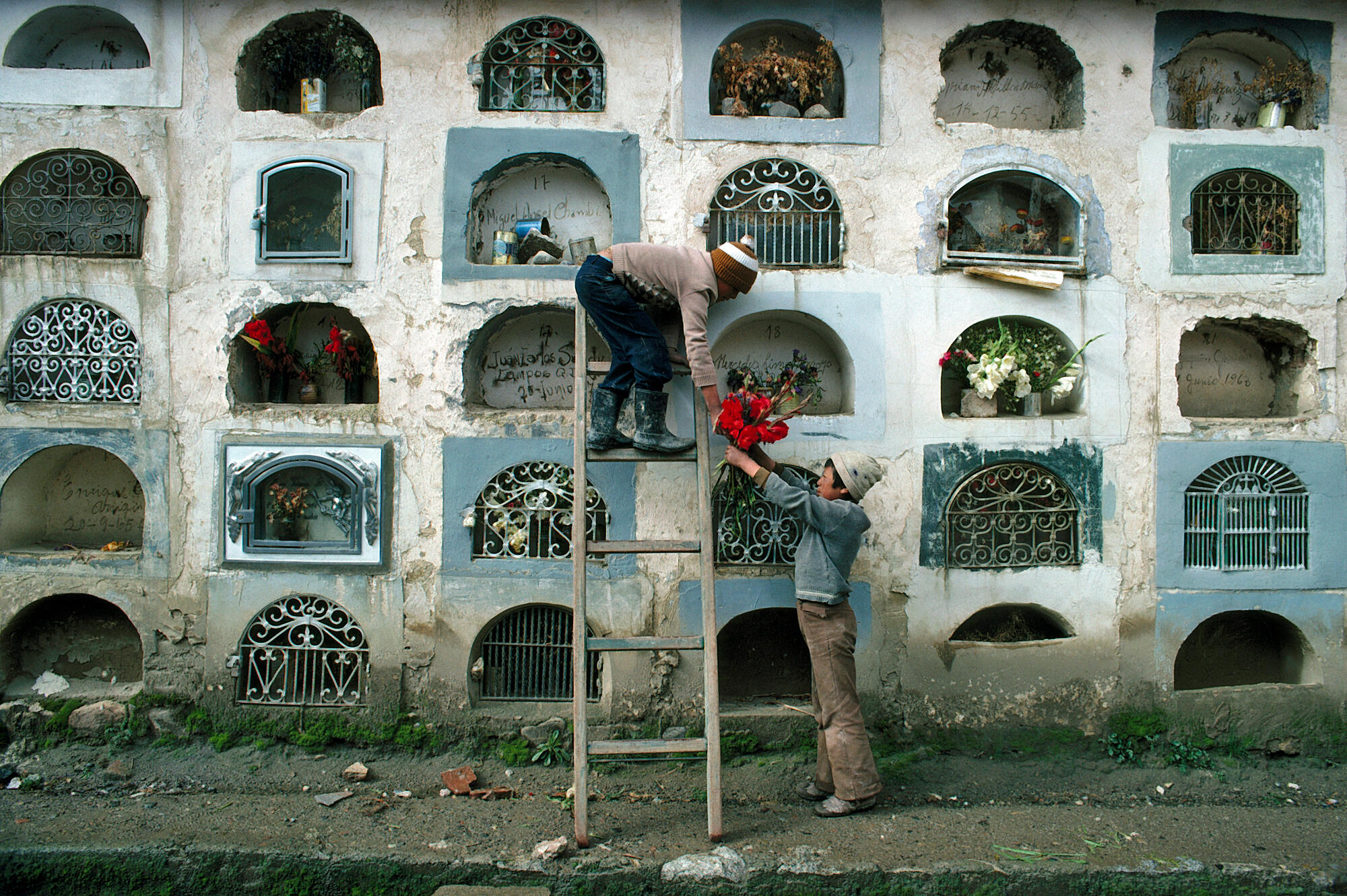 Most nations have laws that prohibit child labor. Yet throughout the world, children in large numbers can be seen toiling in sweatshops, hauling concrete, tilling fields, plucking garbage or peddling shoes.
Children in La Paz tending a Bolivian cemetary.