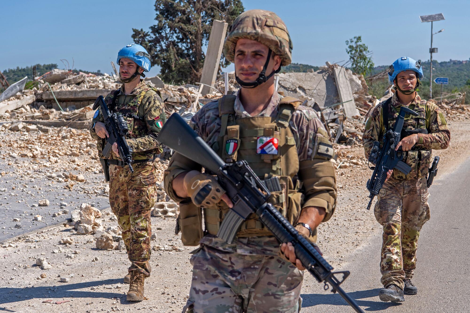 Peacekeepers from Italy serving with United Nations Interim Force In Lebanon (UNIFIL) on a foot patrol with the Lebanese Armed Forces along the Blue Line in south Lebanon.