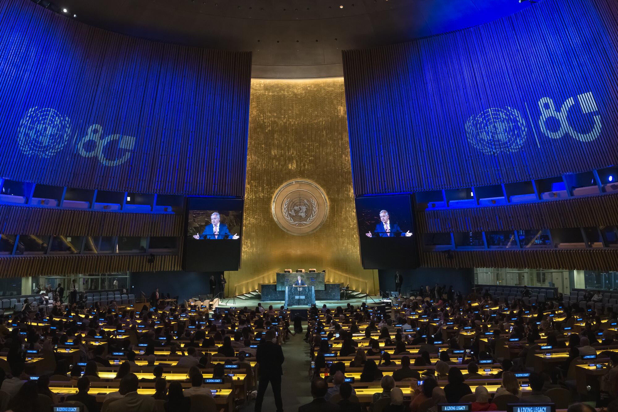 Secretary-General António Guterres addresses the United Nations at 80 Commemoration "A living legacy" in the General Assembly Hall.

"The United Nations is not just a set of buildings. It is not just words on paper. It is alive -- in you. It lives in every peacekeeper who stands between conflict and calm. In every humanitarian worker who reaches the unreachable. In every diplomat who chooses dialogue over discord.
In all of you who understand that global problems demand global solutions," said the Secretary-General, and continued: "Let us honour the legacy we have inherited - and commit to the legacy we will leave behind. Let us keep the living legacy going - and growing - for one and all."