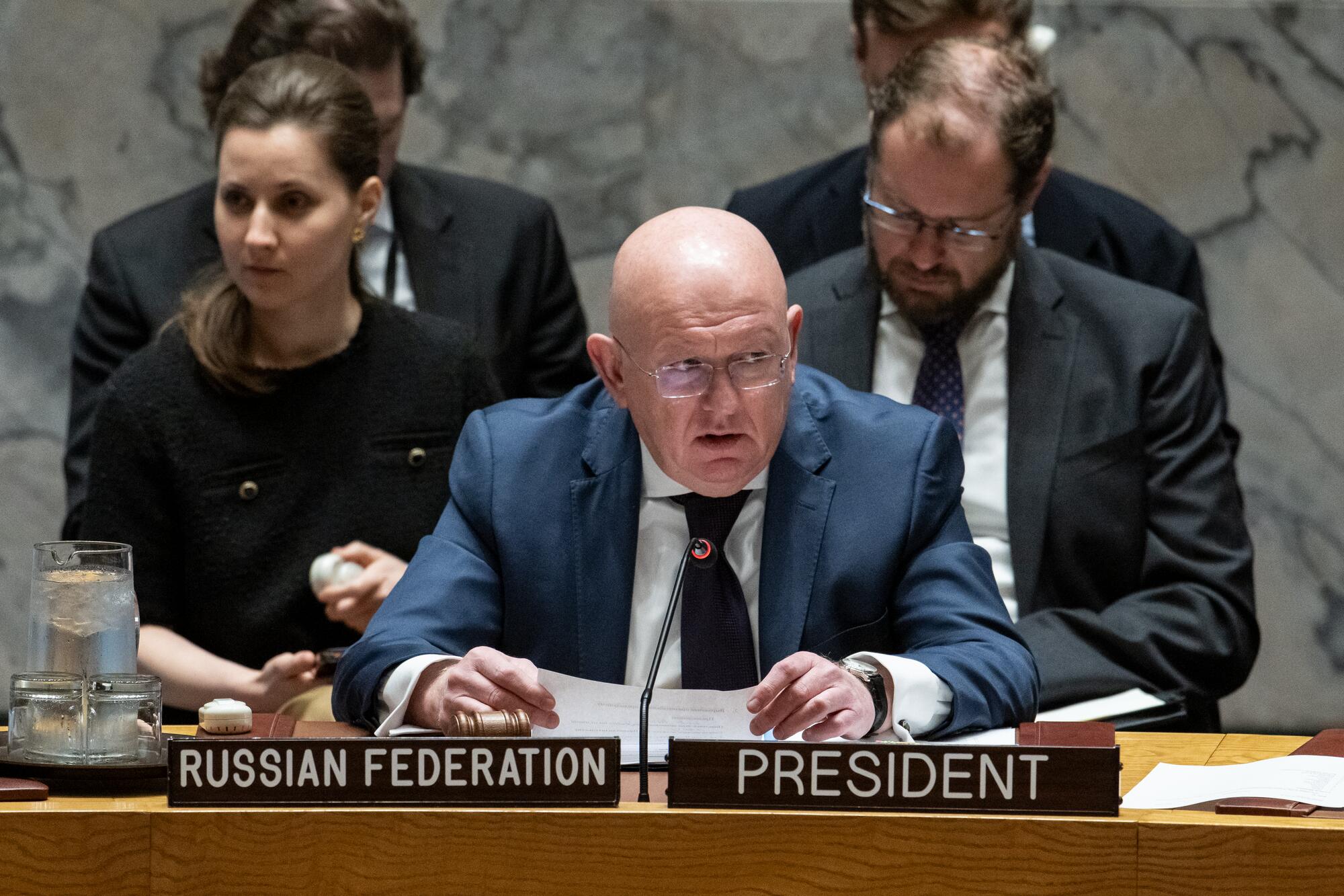 Vassily Nebenzia, Permanent Representative of the Russian Federation and President of the Security Council for the month of July, chairs the Security Council meeting on the situation in the Middle East, including the Palestinian question.